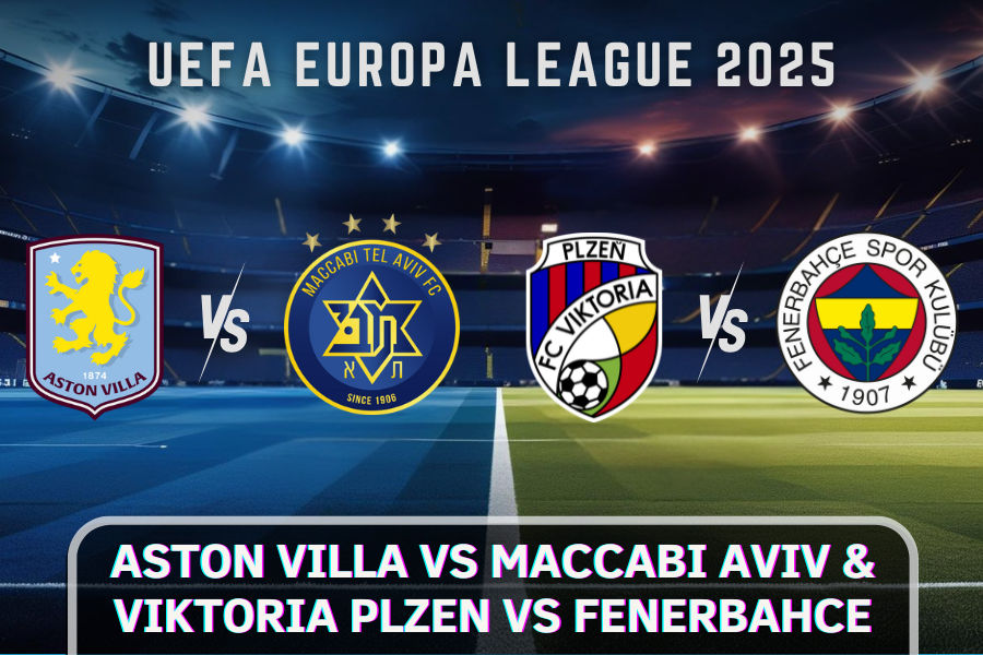 the team logos of maccabi and aston villa and plzen and fenerbahce football teams